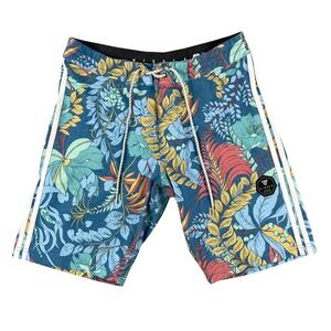 Vissla Shorts Mens 29 Blue Floral Stripe Stretch Boardshorts Hook Loop w/ Pocket